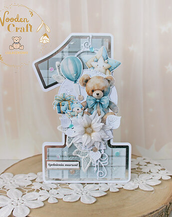 Urodzinowa kartka cyferka, prezent na roczek "Baby Bear" GOTOWA, Lulaczkowo