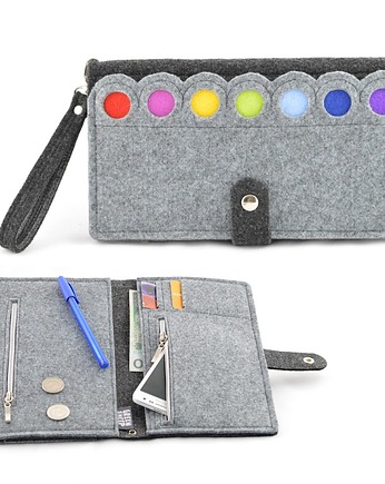 Kopertówka, duży portfel, saszetka filcowa w kolorowe kropki, Green Sheep