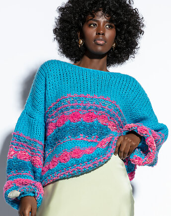 Luźny kolorowy sweter F1820 Niebieski, FOBYA
