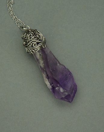 Wisiorek talizman duży surowy ametyst wire wrapping, Agata Rozanska