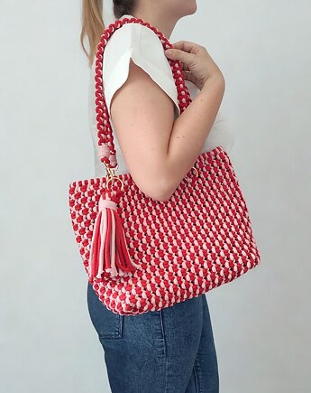 Makramowa torba shopper w czerwieni i różu, plecione_
