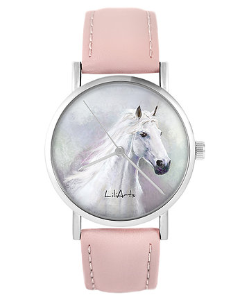 Zegarek - Biały koń - skóra, pudrowy róż, yenoo