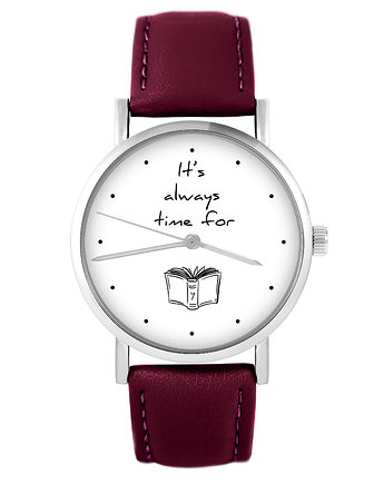 Zegarek - Time for book - skórzany, burgund, OKAZJE - Prezenty na 18 dla chłopaka