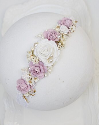 Opaska na chrzest z kwiatami biel, fiolet lilac, Petite Dame