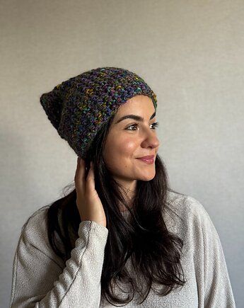 Kolorowa duża czapka beanie z wełną i alpaką, Zasznurowane