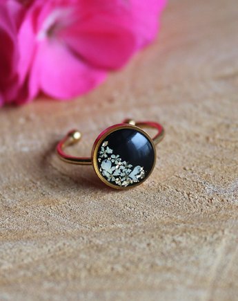Złoty pierścionek kwiaty czarne oczko regulowany dzika marchew, zkwiatem