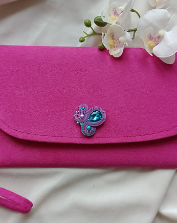 Różowa kopertówka, torebka do ręki fuksja, torebka róż turkus, Soutacheria