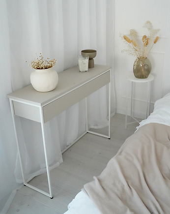 ESMA- Beżowa konsola na białych nogach, toaletka, konsola, Papierówka Simple form of furniture