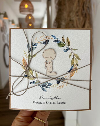 Ręcznie robiona kartka na komunię z życzeniami - chłopiec, sorte