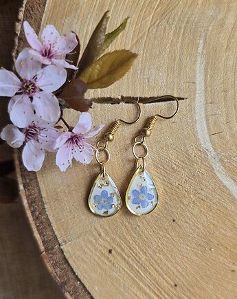 Kolczyki z kwiatami niezapominajkami złote łezki, zkwiatem