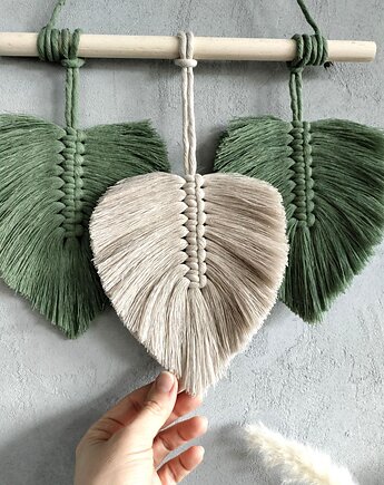 Makrama Liście Szałwia i Beż Ozdoba Ścienna Botaniczna Boho 30x30 cm, Pracownia Wardin
