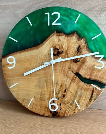 Zegar ścienny  z topoli i zielonej żywicy epoksydowej, terwoodcraft