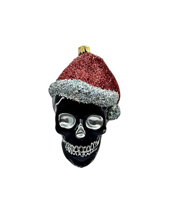Bombka choinkowa: Czaszka w czapce świętego Mikołaja z srebrnymi akcentami, Syn Bombkarza