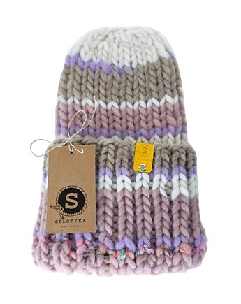 WOOLY COLOR "11"ciepła wełniana czapka w paseczki, sploteka