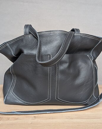 Duża szara skórzana torba z dużymi kieszeniami, Łagoda