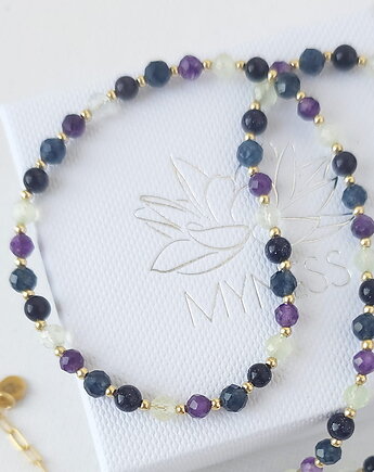 Naszyjnik z kamieni naturalnych: chalcedon, prehnit, ametyst, noc kairu, MYNESS