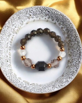 OCHRONA : pierścionek II - turmalin, obsydian, kwarc dymny, kryształ górski, kaktusia