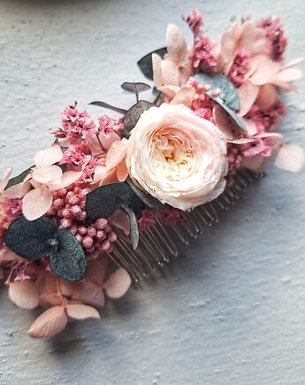 Różowy grzebyk do włosów z róża, Mudryk Viktoria Dried Flowers