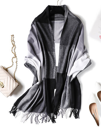 Szalik Damski kaszmirowy czarny szary biały  szal CIEPŁY KLASYK KOLORY AS, AKADEMIA STYLU