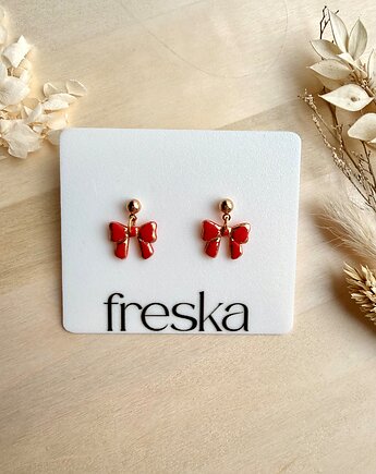 Kolczyki Kokardki wiszące - czerwone ze złotem, freska