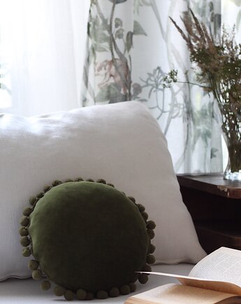 Poduszka welur okrągła z pomponami boho brudny zielony, Cheri Berry