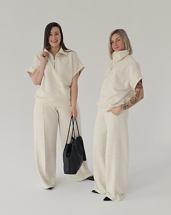 Komfortowy komplet bezrękawnik na zamek i szerokie spodnie wide leg, Ablush