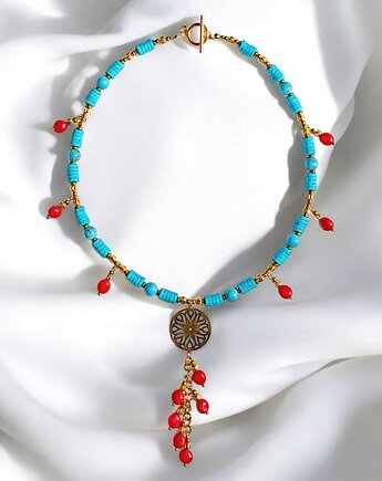 UNIKATOWY naszyjnik : INDIA : turkus, czerwień złoto, kaktusia