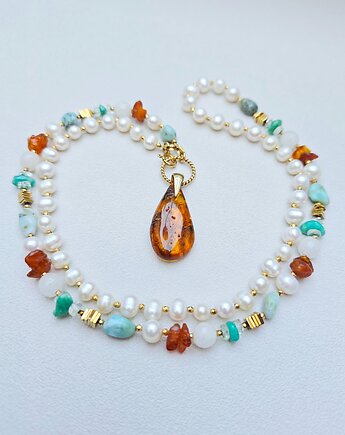 Długi Naszyjnik Bursztynowa  Laguna Srebro Zł, ILEA