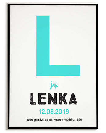 Plakat METRYCZKA LITERKA imię dziecka kolor, Bajkowe Obrazki