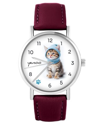 Zegarek - Kotek - skórzany, burgund, yenoo