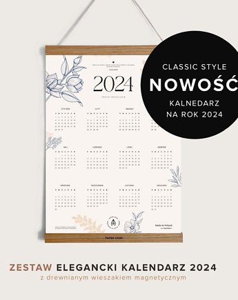 Zestaw Kalendarz Ścienny GARDEN 2024 z Drewnianym Wieszakiem Magnetycznym, PaperDesk