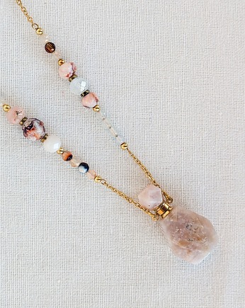 Naszyjnik butelka buteleczka perfumetka flakon Agat sakura, Kwiaty i pióra