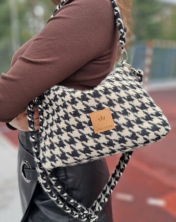 Torebka w pepitkę z puchatej tkaniny Beżowo-Czarna, sabi tatka