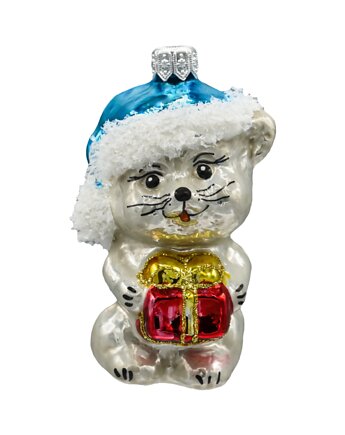 Bombka choinkowa: Kotek w Świątecznej niebieskiej czapce z prezentem, Syn Bombkarza