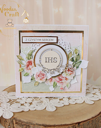 Kartka komunijna do koperty, Pamiątka Komunii, prezent "RoseWine7" GOTOWA, Lulaczkowo