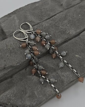 Kolczyki długie gronka labradoryt i kamień słoneczny, RayOfArt