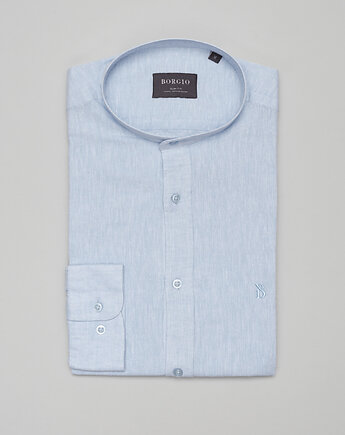 Lniana koszula lentane ze stójką 00480 długi rękaw błękit slim fit, OSOBY - Prezent dla taty