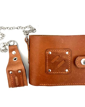 Brązowy portfel skórzany na bilon ręcznie uszyty z łańcuszkiem., Rkabags