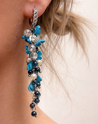 Eleganckie Ręcznie Robione Kolczyki Niebieski kwiaty Niezapominajki tygrys Oko, MariaPolymer