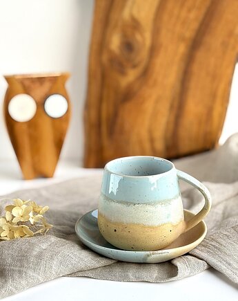 Kubek / Duża filiżanka beczułka ze spodkiem 320 ml - Niebieskie migdały, Ceramika Tyka