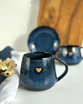Kubek Beczułka ręcznie robiony 320 ml  - Granatowy z sercem, Ceramika Tyka