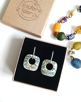 Kolczyki ceramiczne w zielone kwiaty koła dwustronne, biżuteria z talerzy