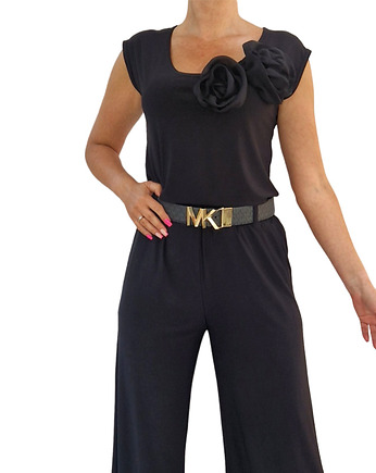 CZARNY ELEGANCKI SET komplet spodnie bluzka z różami 36-56, MC Fashion