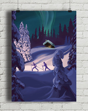 Zorza polarna Aurora borealis - plakat narciarski, minimalmill