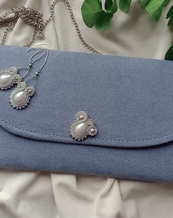 Zgaszony niebieski błękit komplet kolczyki torebka crossbody, Soutacheria
