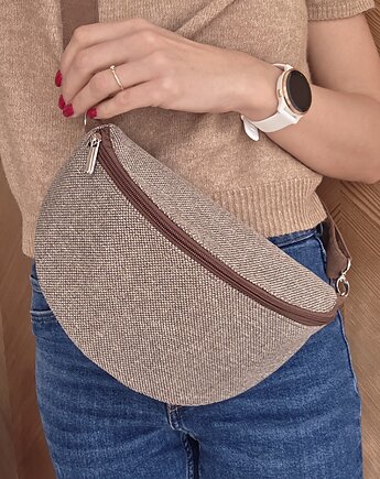 Beżowo brązowa nerka pleciony materiał boho na ramię pojemna, Made by Joan