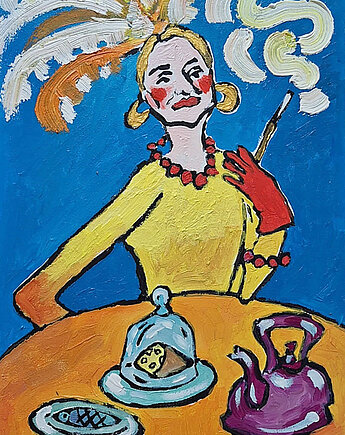 Obraz do salonu portret babci pióra nad głową, cisza na stole, alice oil on canvas