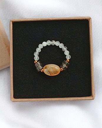 Pierścionek DOBROBYT - amulet - cytryn, kwarc dymny, kryształ górski, kaktusia