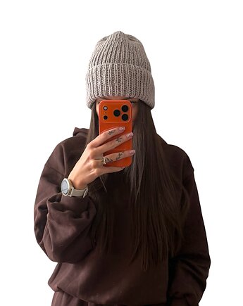 Beżowa czapka 100% merino, SZYSZKA sztrykuje