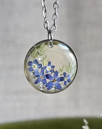 Wieczne kwiaty srebrny wisiorek prawdziwe kwiaty naszyjnik niezapominajki, zkwiatem